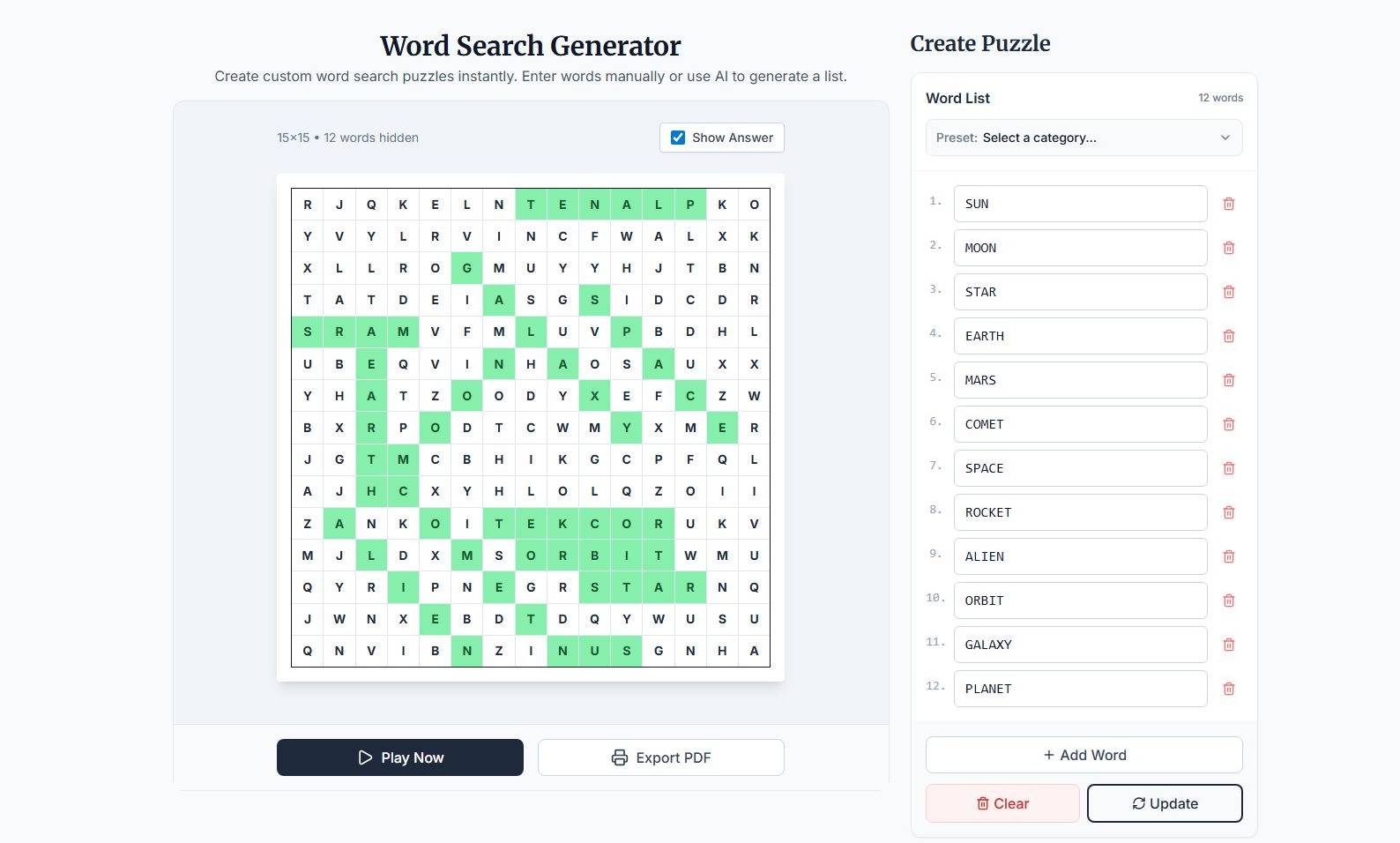 Free Word Search Generator - Create & Play Online